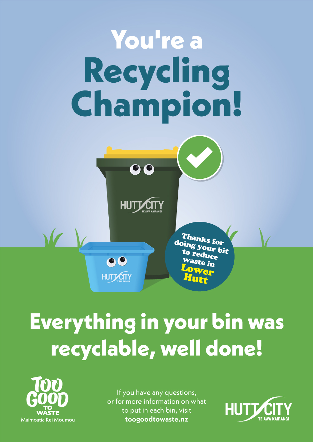 Recycling bins on a blue and green background. Text reads You're a recycling champion!
